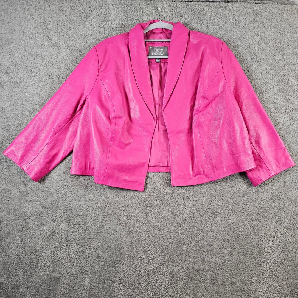 Jessica London Hot Pink Leather Jacket Plus Size 16W Shawl Collar Open Front